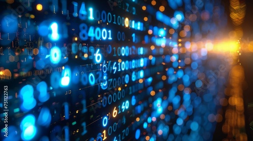 blue digital binary data on computer screen, Neon binary data stream. Flowing digits in a digital background photo