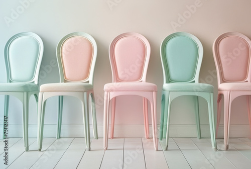 3D render of a set of chairs in pastel colors.