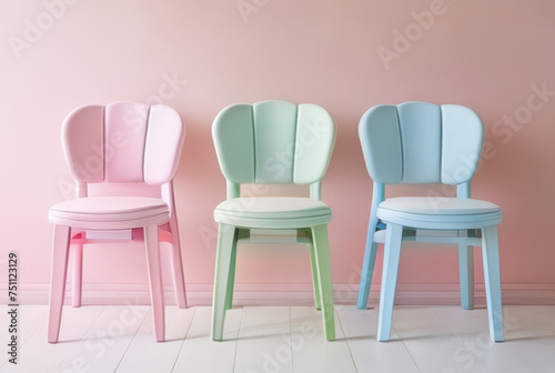 3D render of a set of chairs in pastel colors.