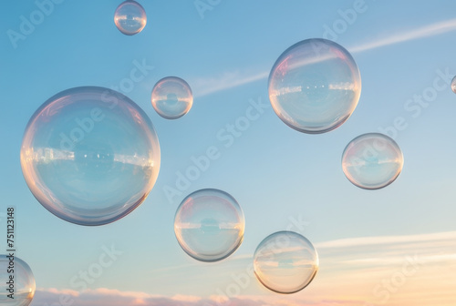 Beautiful soap bubbles floating in the sky at sunset. 3d rendering