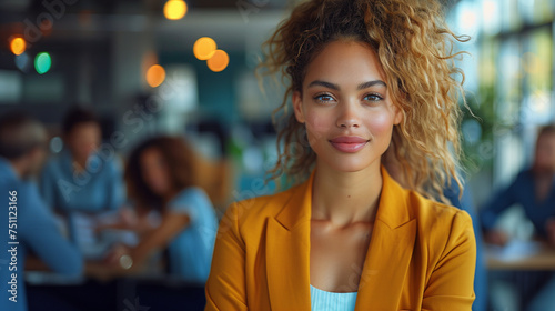 A happy beautiful young woman standing confidently with arms crossed leading a team meeting in a modern office  with a diverse group of colleagues listening attentively in the background.