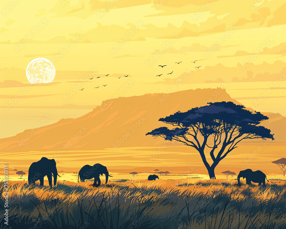 Elephants and Acacia Tree at African Sunset