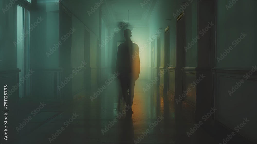 Person Walking Down a Dark and Mysterious Hallway - obrazy, fototapety, plakaty 