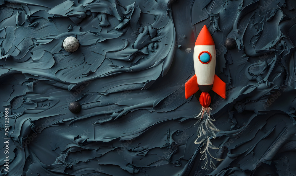 Spaceships flying in space made of plasticine or clay on the dark background. Banner for World's Space party,  cosmonautics day, kid's art concept. Children creativity background with copy space. - obrazy, fototapety, plakaty 