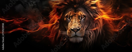 Lion king in fire  Portrait on black background  Wildlife animal.