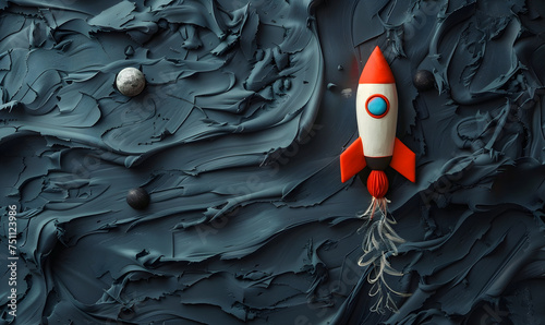 Spaceships flying in space made of plasticine or clay on the dark background. Banner for World's Space party,  cosmonautics day, kid's art concept. Children creativity background with copy space. photo