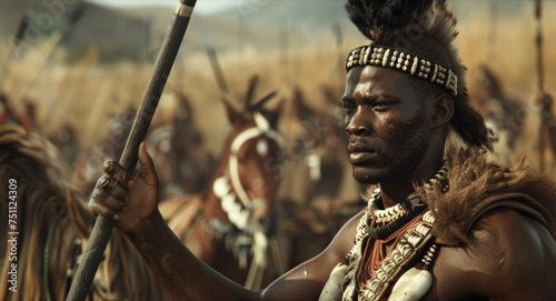 A Zulu warrior riding on horseback commands attention his spear held high. The addition of horses to their army allowed the Zulu warriors to become even more formidable and photo