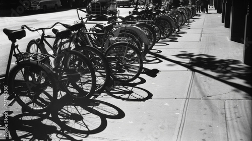 A long line of twowheeled modes of transportation their frames casting shadows on the concrete sidewalk beneath them. photo