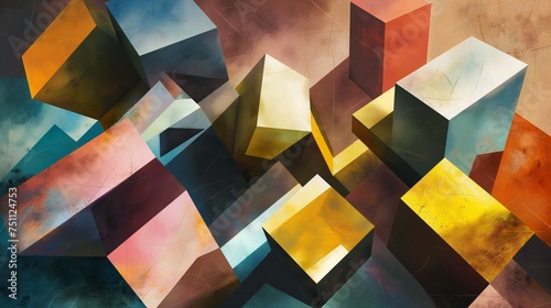 Dynamic cubes morphing and intersecting  casting shadows on a 3D abstract backdrop painted with vivid hues.