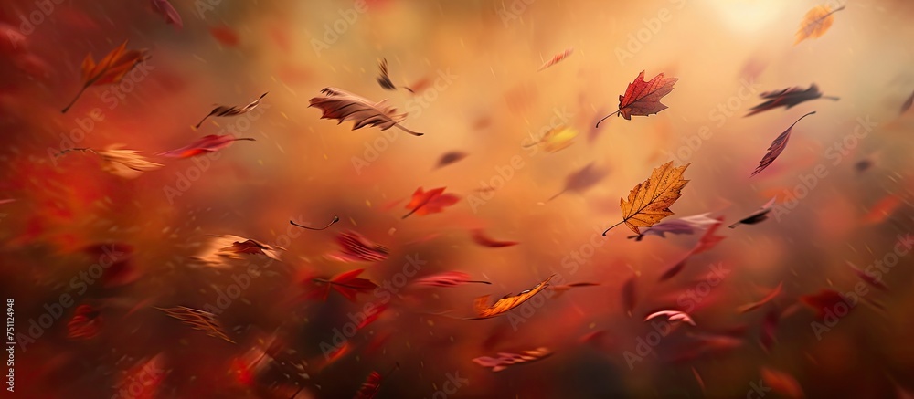 Dry leaves are depicted flying in the air, captured with a blur effect against a stunning background, creating a mesmerizing autumn scene.