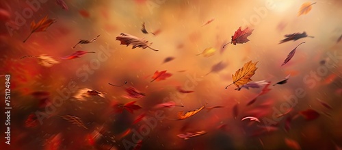 Dry leaves are depicted flying in the air, captured with a blur effect against a stunning background, creating a mesmerizing autumn scene.