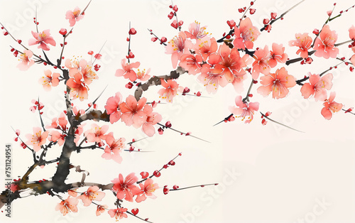 Sakura branches on white background,created with Generative AI tecnology.