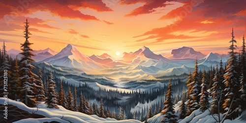 Radiant sunrise casting warm colors over a snowy forest with distant mountain range © Coosh448
