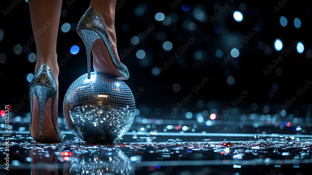 Woman feet in shiny luxury stilettos heels step on a silver sparkling disco ball on dark ball stage background with copy space, generative ai - obrazy, fototapety, plakaty 