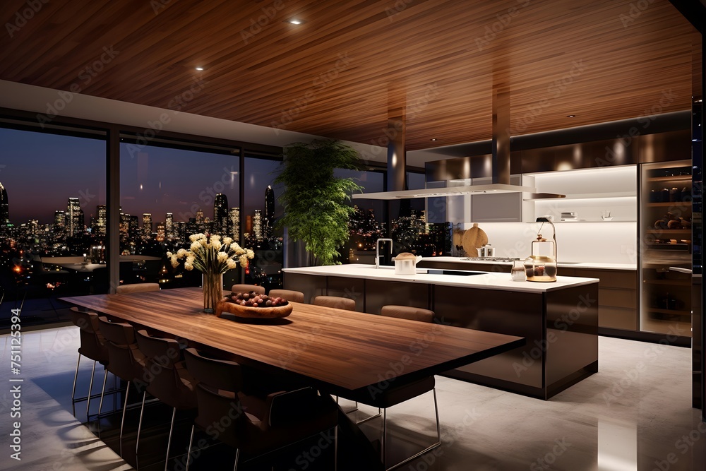 Modern kitchen with wooden floor and large dining table. Panorama.