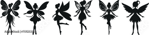 fairy silhouette, Enchanting fairies vector illustration, mystical and elegant, in graceful poses. Perfect fairy art for fantasy themed designs, illuminated by ethereal glow of magical lights