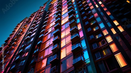 Modern apartment buildings at night with neon lights. Panoramic image.