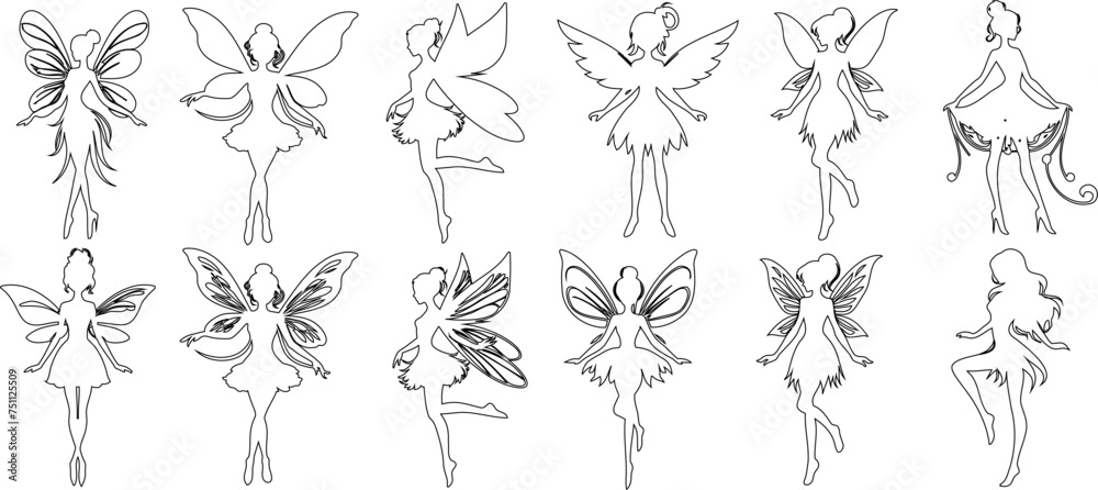 Fototapeta premium Elegant fairy line art, intricate Fairies wing designs, various graceful poses, perfect fairy vector for fantasy themed projects, expressive movement, delicate detail