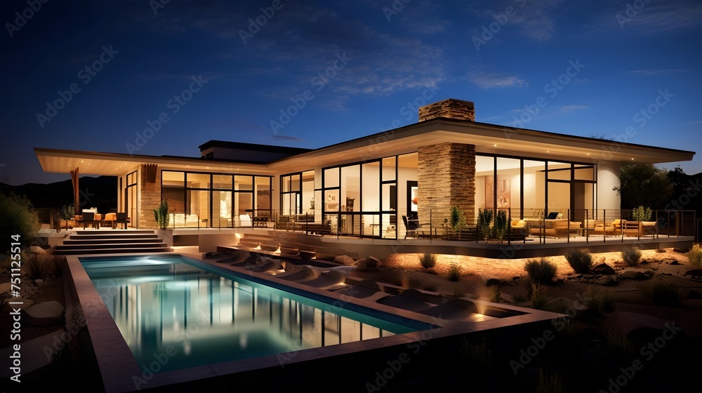 Luxury villa with swimming pool at night in the desert