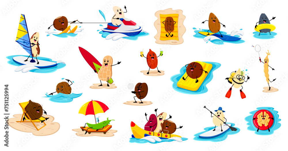 Cartoon cheerful nuts and beans on summer beach vacation. Vector hazelnut, coconut, almond and pekan. Brazil, cashew, peanut and pistachio. Pumpkin or sunflower seed, kidney and green pea water fun