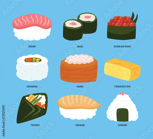 Types of different sushi food set collection  japanese sushi food with nigiri  maki  gunkan  uramaki  inari  tamagoyaki  temaki  hirame  onigiri  cartoon dessert or asian dishes  vector illustration.