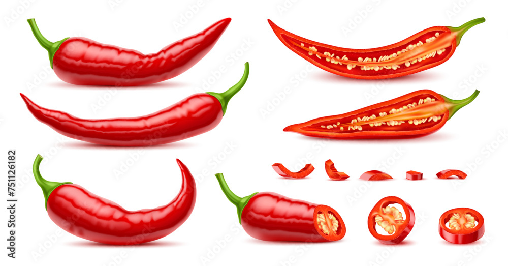 Realistic raw isolated whole and half chili pepper, slice and ring of hot vegetable spice, vector food seasoning. 3d ripe chili, cayenne or jalapeno peppers, mexican cuisine vegetable with seeds - obrazy, fototapety, plakaty 