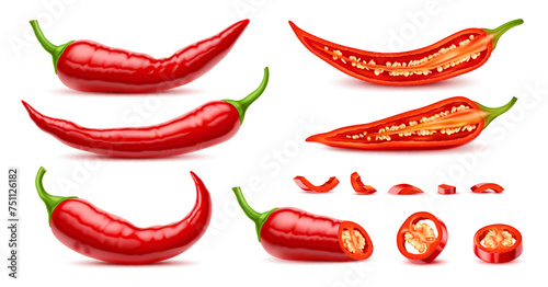 Realistic raw isolated whole and half chili pepper, slice and ring of hot vegetable spice, vector food seasoning. 3d ripe chili, cayenne or jalapeno peppers, mexican cuisine vegetable with seeds