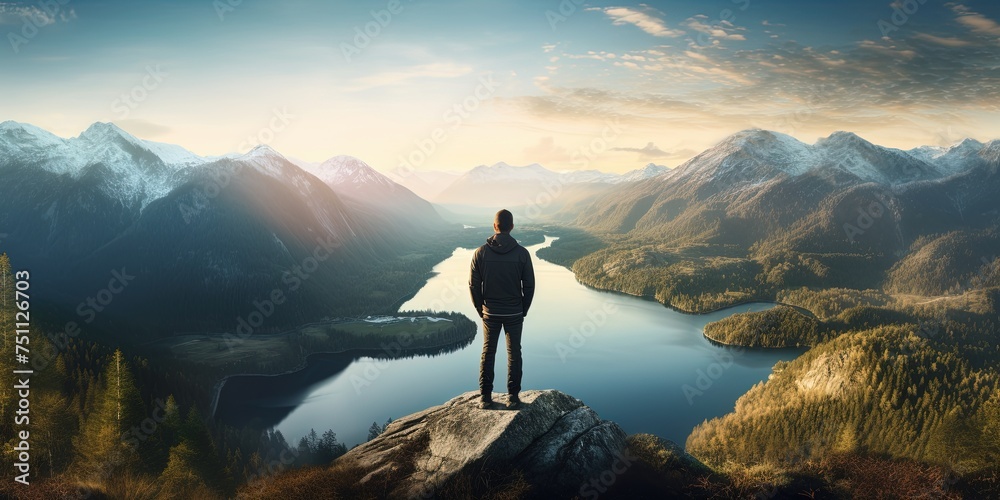 Man standing on mountain top in the morning overlooking lake between mountains - obrazy, fototapety, plakaty 