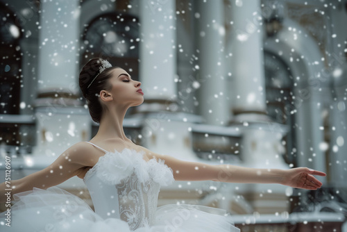 Ballerina in white dress and pointe dancing near the palace in winter day