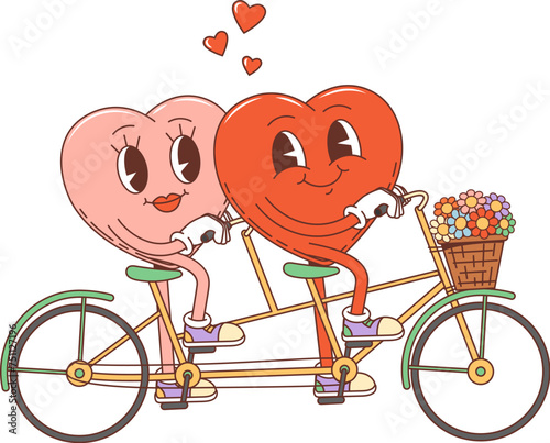 Cartoon groovy Valentine heart couple characters on bicycle, vector retro 70s hippie art. Happy heart couple in love riding tandem bicycle with flowers basket, wedding or Valentine day holiday emoji