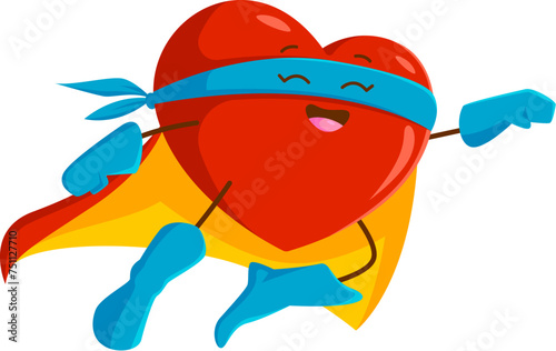 Cartoon superhero heart character. Isolated vector strong Heartman super hero, Valentines day heroic personage in red cape and blue mask flying with raised fist, his power emanates love and compassion