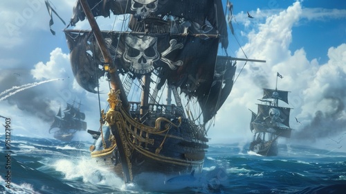 A notorious pirate captain with a skull and crossbones flag flying high on their ship leads their crew into battle against a rival faction on the open seas. photo