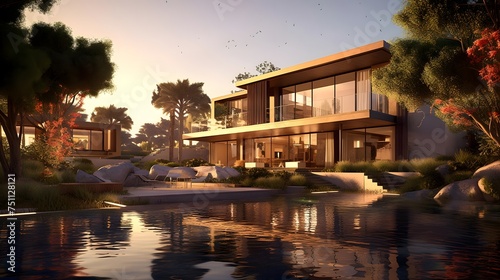 Panoramic view of a modern villa by the lake.