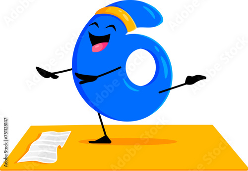 Cartoon math number six character on yoga fitness sport. Isolated vector lively 6 digit engages in yogi practice, making learning mathematics playful, dynamic and entertaining experience for children