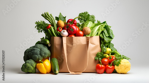 Vibrant Supermarket Scene: Paper Bag Overflowing with Healthy Organic Produce, Generative AI