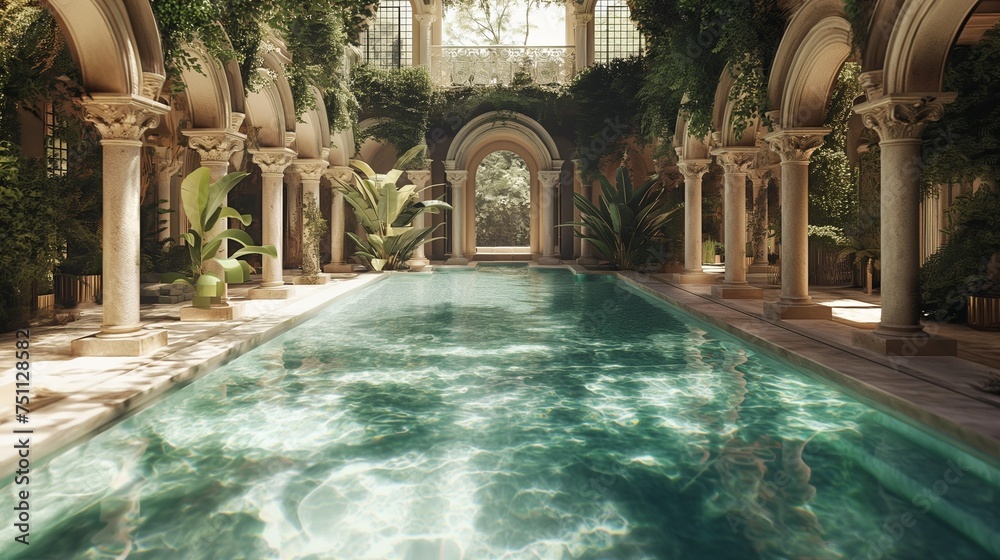 Crystal-clear water shimmers under the midday sun in an opulent, expansive swimming pool surrounded by lush greenery and marble accents