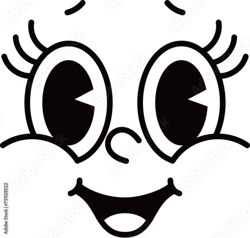 Comic cartoon groovie personage face emoji. Caricature happy smiling mood emoji, groovie positive emotion or comic funny human emoticon vector. Retro animation cute personage smiling cartoon face