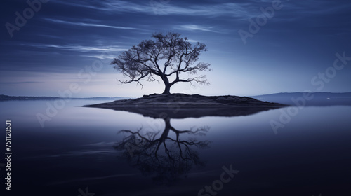 Solitary Tree Amidst Water, Reflecting Shadows at Sunset. Generative AI.