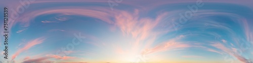 360 panorama of glowing sunset sky with bright Cirrus clouds. Seamless hdr spherical 360 panorama. Sky dome in 3D visualization, sky replacement for aerial drone panoramas. Weather and climate change.