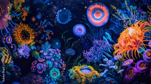 A beam of light pierces through the inky darkness revealing a stunning array of colorful otherworldly creatures that call the deep sea their home. Each one seems to hold a
