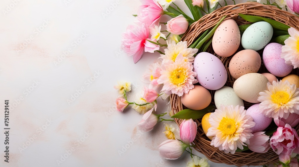 background flat lay with pastel-colored Easter eggs, grnerative ai