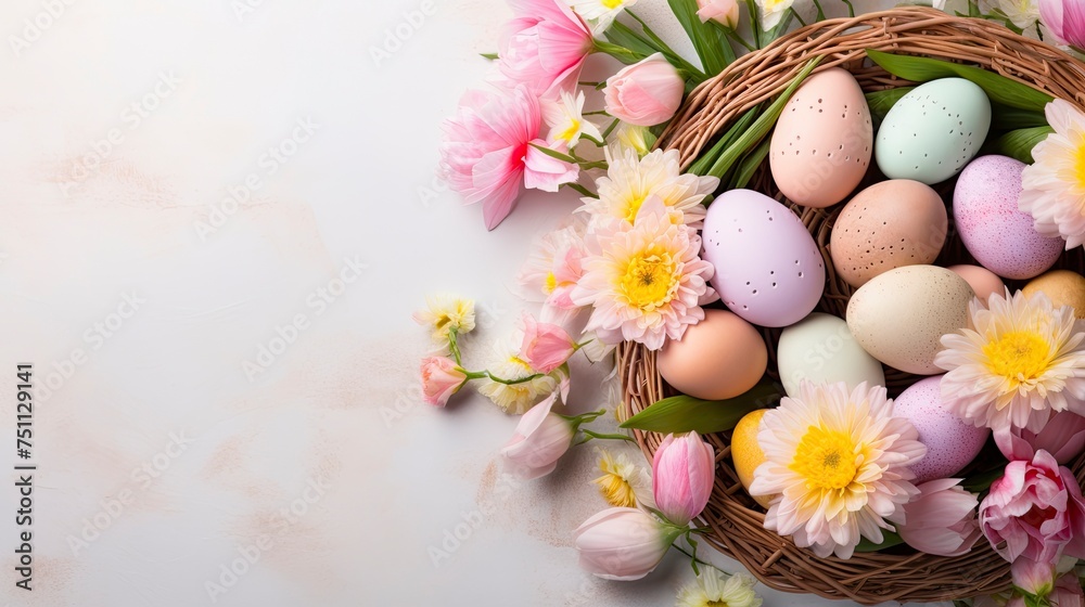 background flat lay with pastel-colored Easter eggs, grnerative ai background flat lay with pastel-colored Easter eggs, grnerative ai