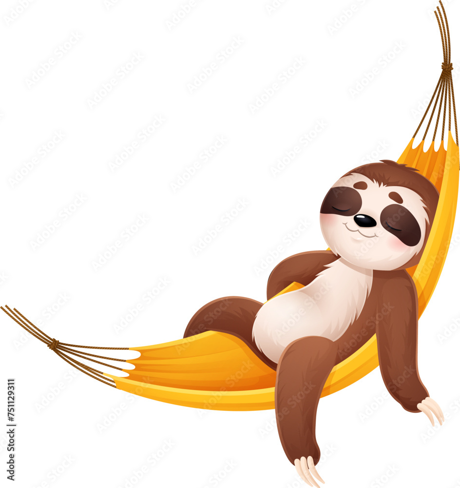 Naklejka premium Cartoon cute sleeping lazy sloth character napping in hammock, vector funny personage for kids. Happy sleepy sloth or jungle bear sleeps or snooze with bedtime dreams in hanging hammock