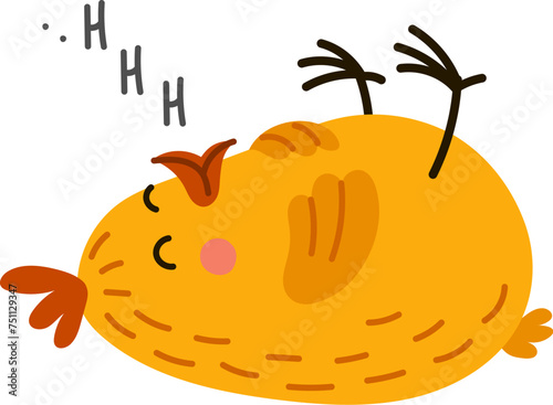 Cartoon chick bird character peacefully sleeping with closed eyes. Isolated vector cute baby hen personage lying on its back and making funny sounds. Tiny, adorable and fluffy chock slumbers or relax