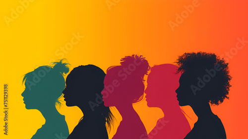 Woman face silhouette in profile with group of multicultural and multiethnic women faces inside. generative ai