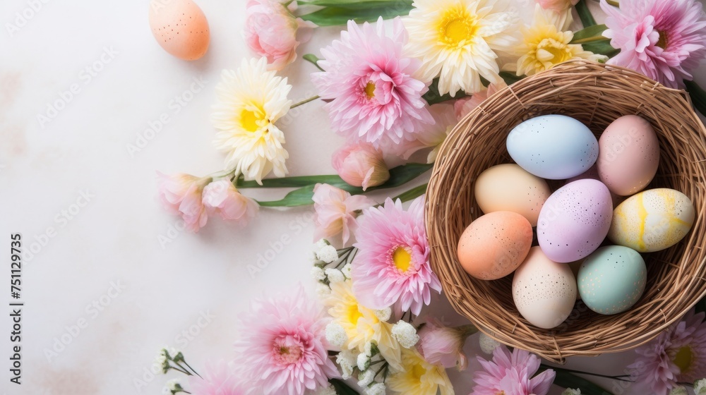 background flat lay with pastel-colored Easter eggs, grnerative ai