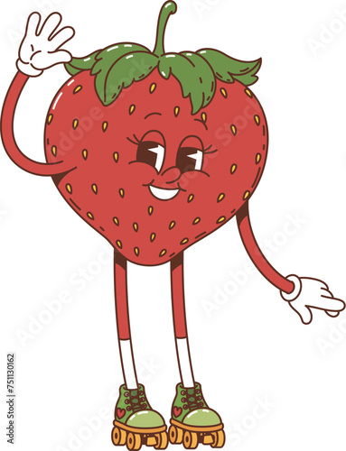 Cartoon strawberry groovy character on rollerblades waving hand. Isolated vector retro berry comic personage enjoying summer vacation and outdoor activities. Cute and funny fruit with positive emotion