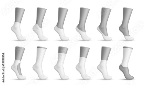 Realistic woman socks, 3d vector templates for fashion and sportswear designs. Isolated mockups feature cotton fabric, elastic fit and a blank canvas for foot apparel in a shop or product display