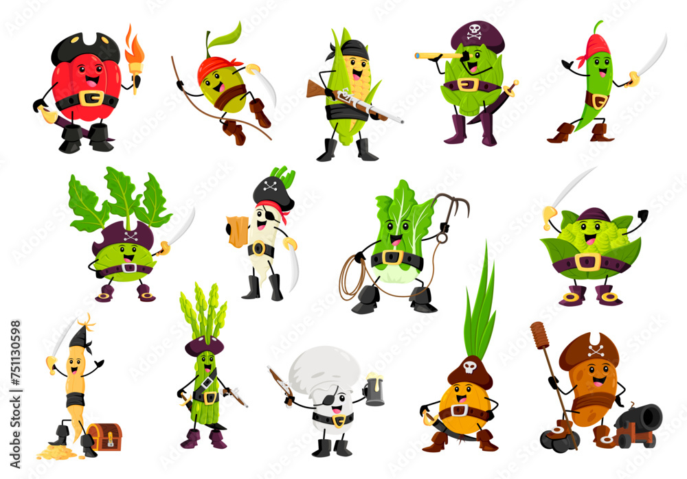 Obraz premium Cartoon pirate and corsair vegetable characters. Vector paprika, olive, corn cob and artichoke. Kohlrabi, asparagus, cabbage with champignon. Onion, soy bean, green pea, daikon radish and potato