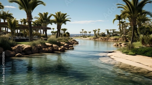 A desert oasis with a palm tree and a watering hole